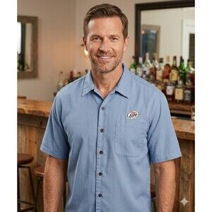 Miller Lite Beer Uniform Button Shirt with Embroidered Logo Sz Medium Mens Blue